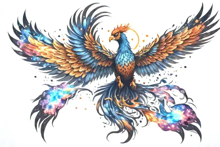 cosmic colorful majestic phoenix rising from ashes into  colorful  hyper realistic space galaxy, engineered stars tattoo design idea