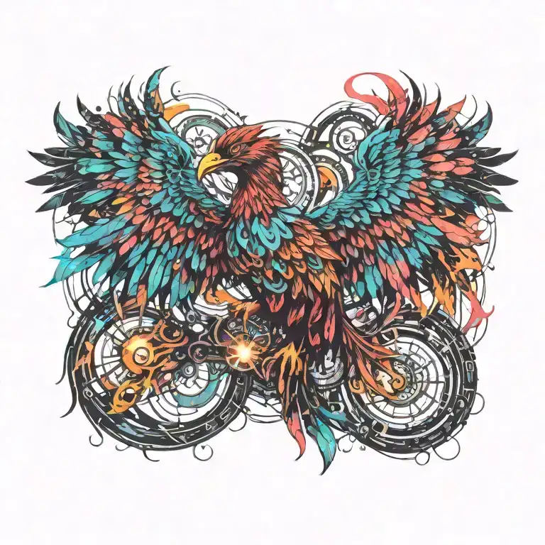 cosmic colorful majestic phoenix rising from ashes into  colorful  hyper realistic space galaxy, gears, stars tattoo design idea