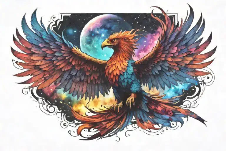 cosmic colorful majestic phoenix rising from ashes into  colorful  hyper realistic space galaxy, engineered stars tattoo design idea