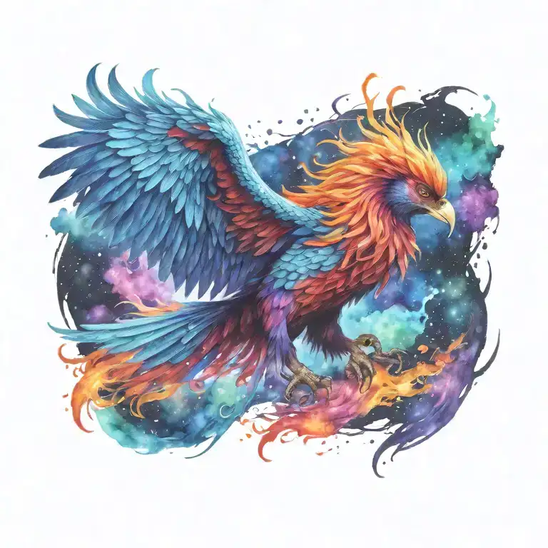cosmic colorful majestic phoenix rising from ashes into  colorful  hyper realistic galaxy, engineered  tattoo design idea