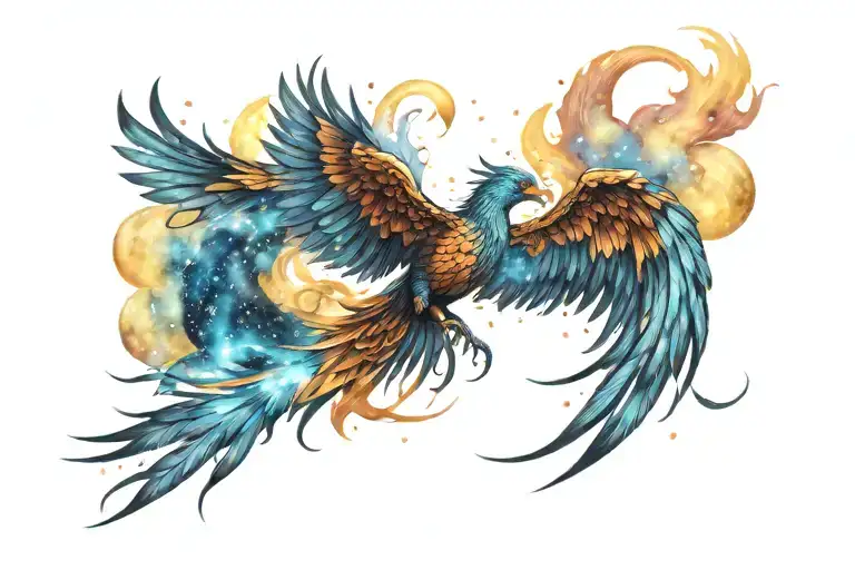 colorful phoenix rising into the milky way  tattoo design idea