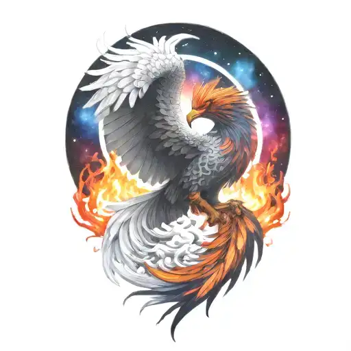cosmic majestic phoenix rising from ashes into  colorful  hyper realistic galaxy, Davinci machine tattoo design idea