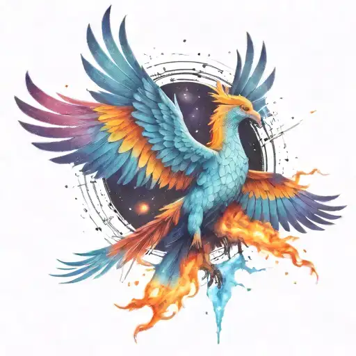 multicolor majestic phoenix rising into the colorful  hyper realistic Milky Way  galaxy of stars on fire tattoo design idea