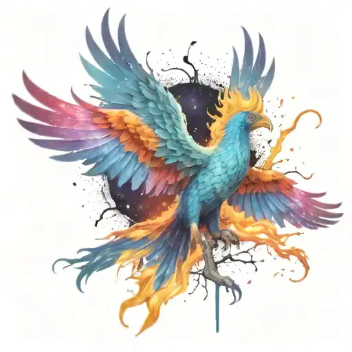 multicolor majestic phoenix rising into the colorful  hyper realistic Milky Way  galaxy of stars on fire tattoo design idea