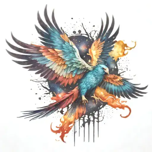 multicolor phoenix rising into the colorful realistic Milky Way  galaxy of stars on fire more colors  tattoo design idea