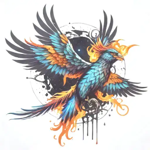 multicolor phoenix rising into the colorful realistic Milky Way  galaxy of stars on fire more colors  tattoo design idea