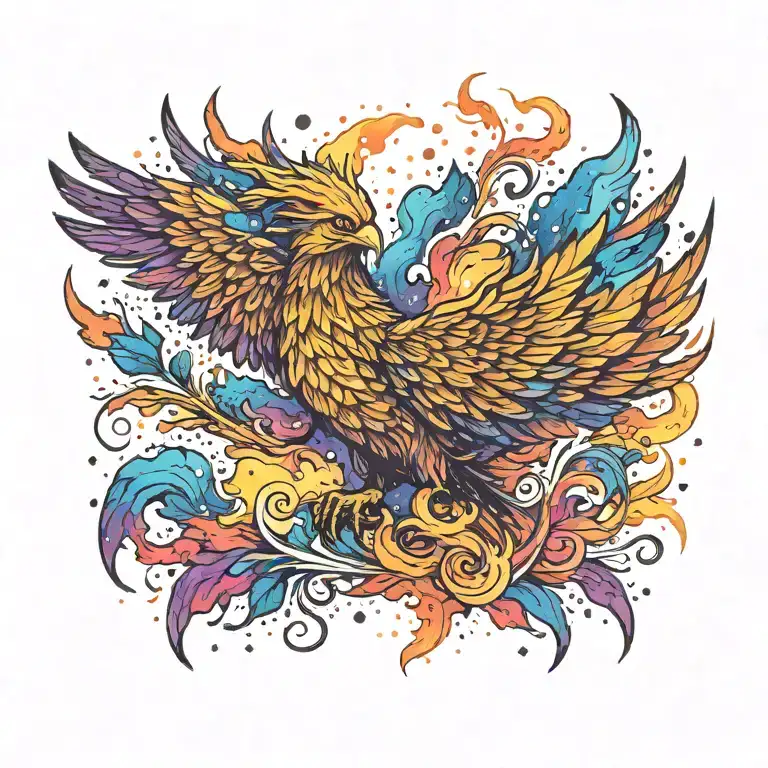 baby majestic phoenix rising from ashes into  colorful galaxy space of stars on fire davinci Machinery tattoo design idea