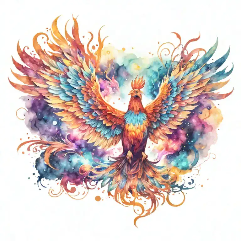 cosmic colorful majestic phoenix rising from ashes into  colorful  hyper realistic galaxy, engineered  tattoo design idea