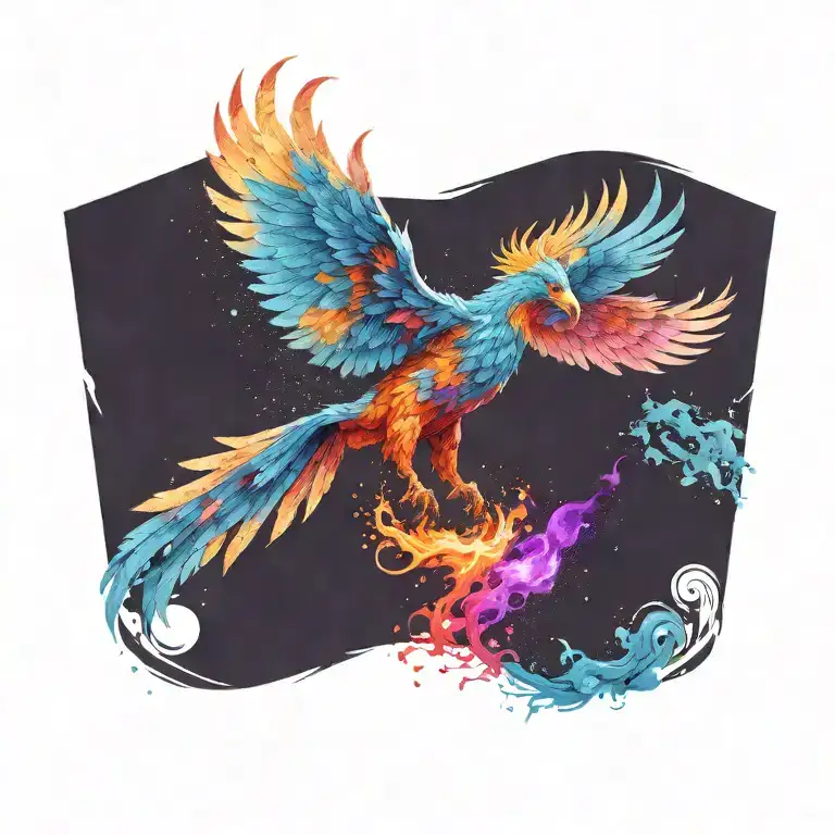cosmic colorful majestic phoenix rising from ashes into  colorful  hyper realistic galaxy, gears, stars tattoo design idea
