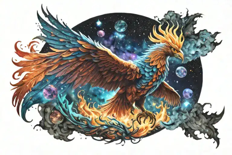cosmic colorful majestic phoenix rising from ashes into  colorful  hyper realistic space galaxy, engineered stars tattoo design idea