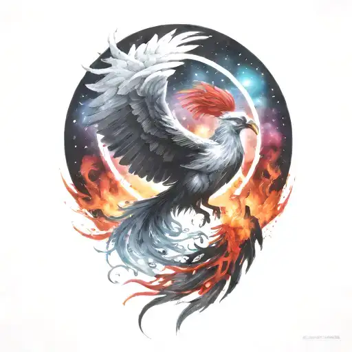cosmic majestic phoenix rising from ashes into  colorful  hyper realistic galaxy, engineered  tattoo design idea