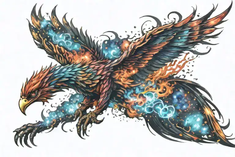 galactic multicolor phoenix on fire rising into milky way tattoo design idea