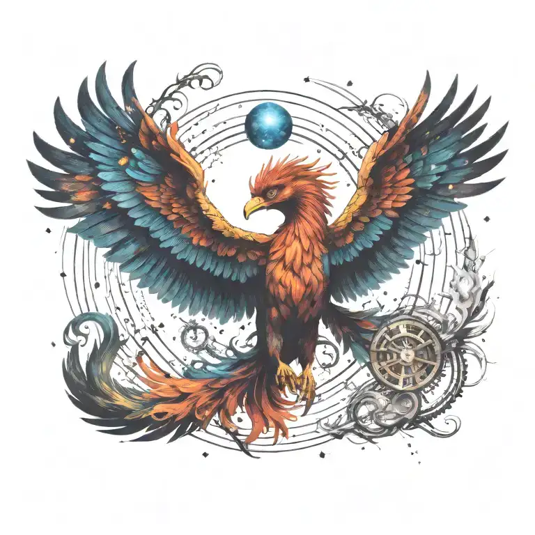 cosmic colorful majestic phoenix rising from ashes into  colorful  hyper realistic space galaxy, gears, stars tattoo design idea