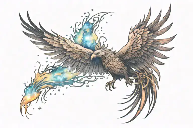 colorful phoenix rising into the milky way  tattoo design idea