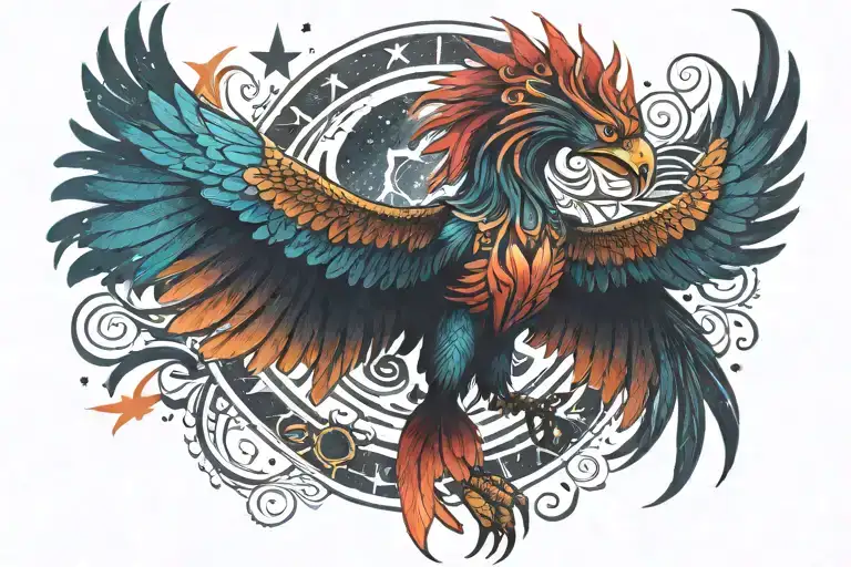 colorful Aztec phoenix rising into the milky way  tattoo design idea