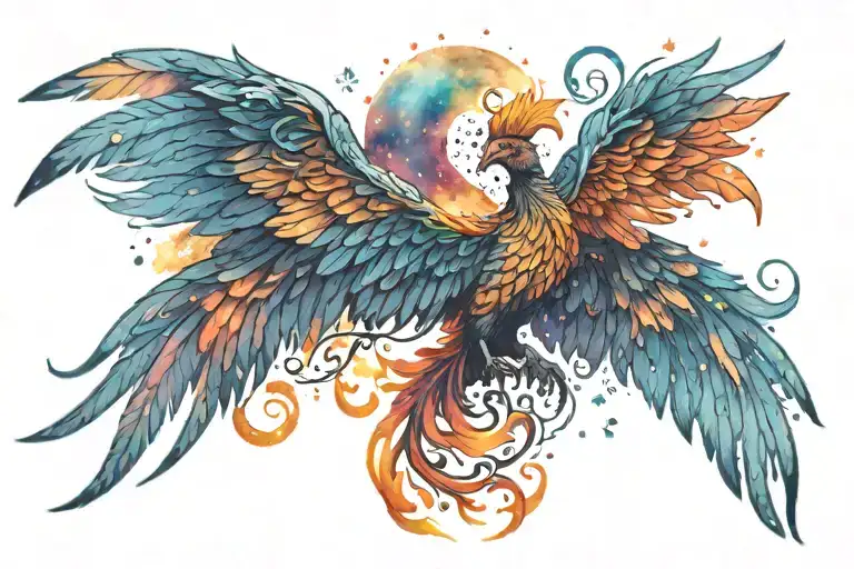 colorful phoenix rising into the milky way  tattoo design idea