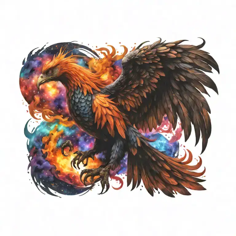 cosmic colorful majestic phoenix rising from ashes into  colorful  hyper realistic galaxy, engineered  tattoo design idea