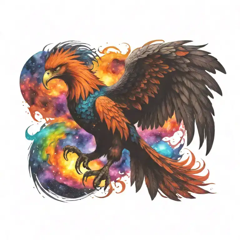 cosmic colorful majestic phoenix rising from ashes into  colorful  hyper realistic galaxy, engineered  tattoo design idea