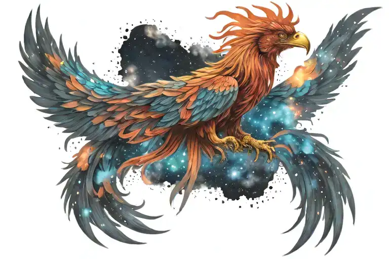 colorful phoenix rising into the milky way  tattoo design idea