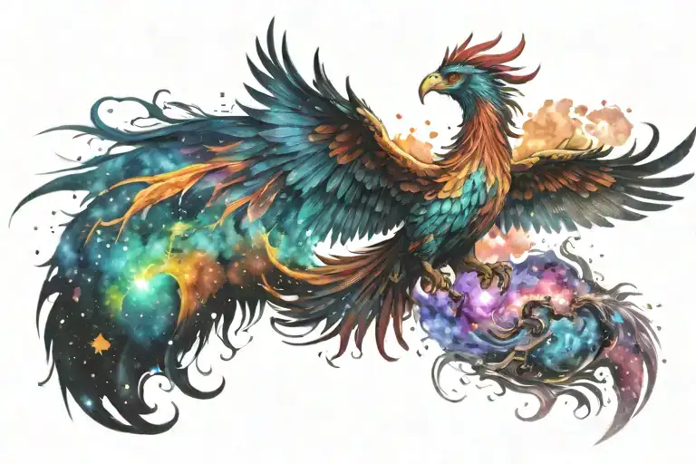 colorful phoenix rising into the milky way  tattoo design idea
