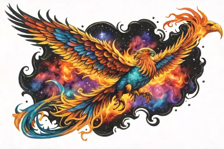  multicolor phoenix on fire rising into space galaxy milky way  background  tattoo design idea