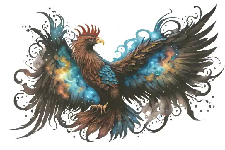 galactic multicolor phoenix rising into milky way tattoo design idea