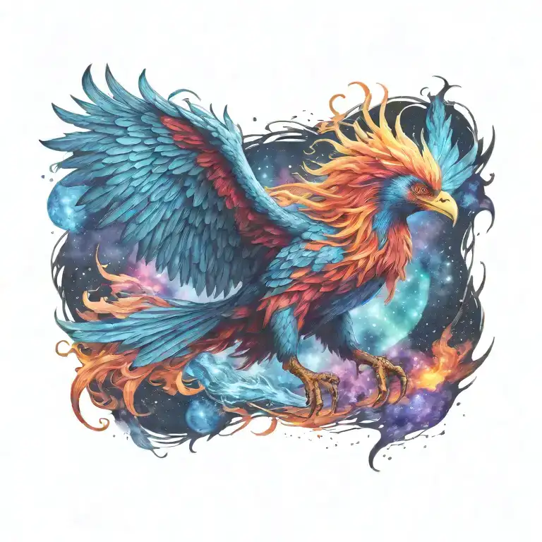 cosmic colorful majestic phoenix rising from ashes into  colorful  hyper realistic galaxy, engineered  tattoo design idea