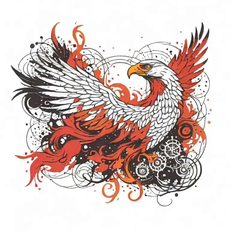 cosmic colorful majestic phoenix rising from ashes into  colorful  hyper realistic space galaxy, gears, stars tattoo design idea