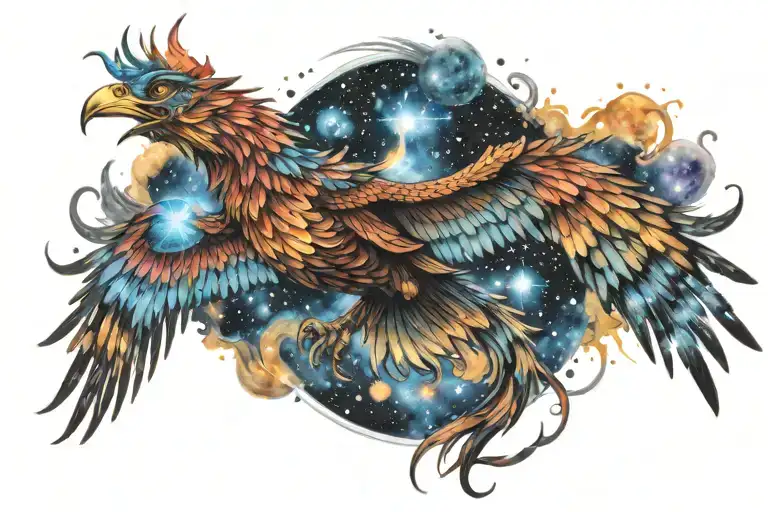 galactic multicolor phoenix rising into milky way tattoo design idea