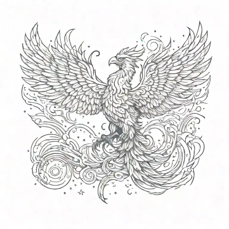 cosmic colorful majestic phoenix rising from ashes into  colorful  hyper realistic galaxy, gears  tattoo design idea