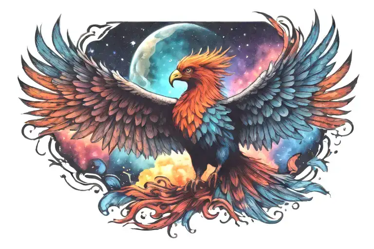 cosmic colorful majestic phoenix rising from ashes into  colorful  hyper realistic space galaxy, engineered stars tattoo design idea