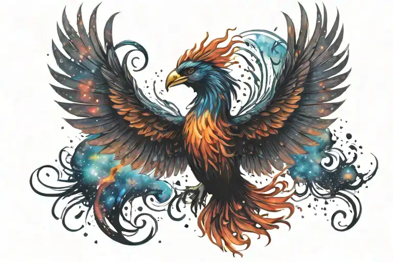 colorful phoenix rising into the milky way  tattoo design idea