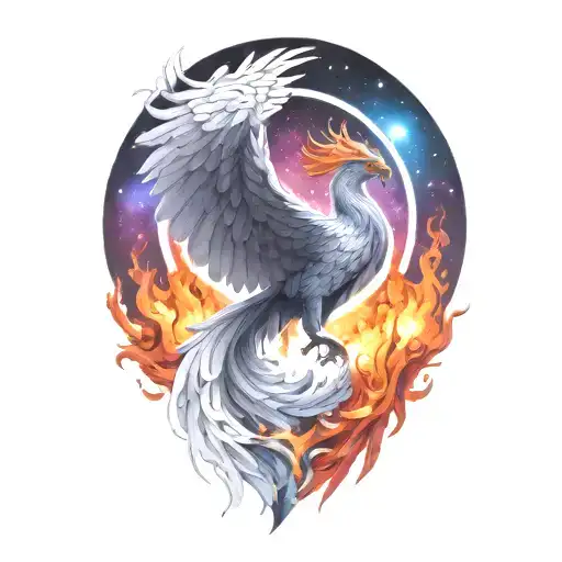 cosmic majestic phoenix rising from ashes into  colorful  hyper realistic galaxy, engineered  tattoo design idea
