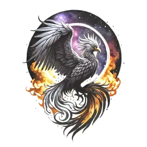 cosmic majestic phoenix rising from ashes into  colorful  hyper realistic galaxy, space of stars on fire tattoo design idea