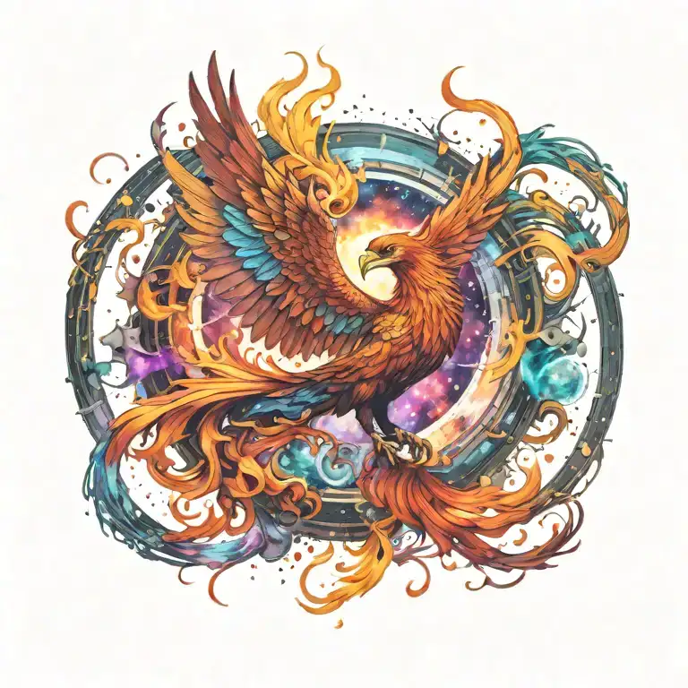 cosmic colorful majestic phoenix rising from ashes into  colorful  hyper realistic space galaxy, gears, stars tattoo design idea