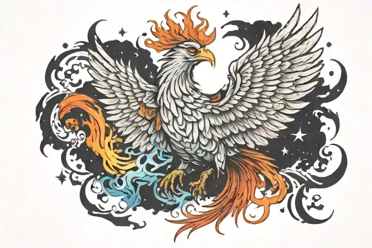 cosmic colorful majestic phoenix rising from ashes into  colorful  hyper realistic space galaxy, engineered stars tattoo design idea