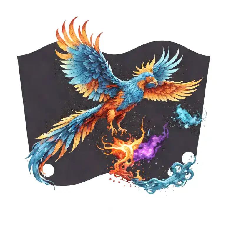 cosmic colorful majestic phoenix rising from ashes into  colorful  hyper realistic galaxy, gears, stars tattoo design idea