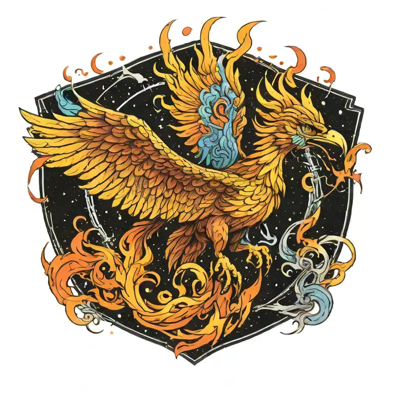 cosmic majestic phoenix rising from ashes into  colorful  hyper realistic galaxy, engineered  tattoo design idea