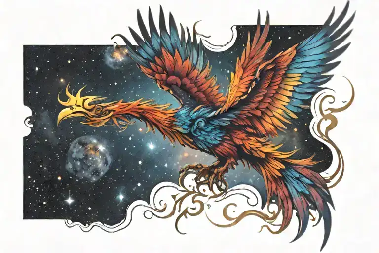 colorful phoenix rising into the milky way  tattoo design idea