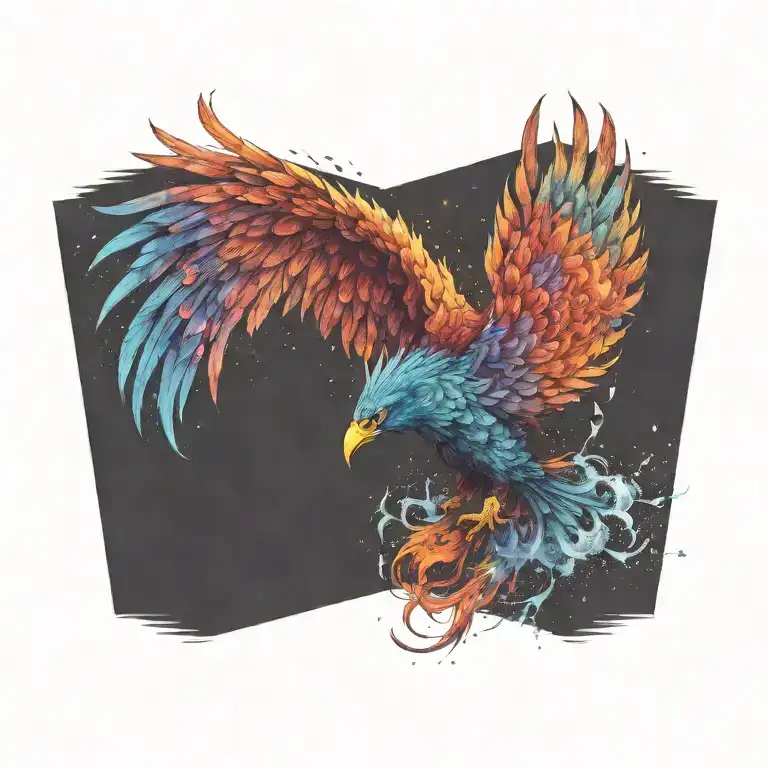 cosmic colorful majestic phoenix rising from ashes into  colorful  hyper realistic galaxy, gears  tattoo design idea