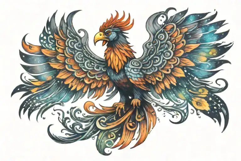 colorful Mayan  phoenix rising into the milky way  tattoo design idea