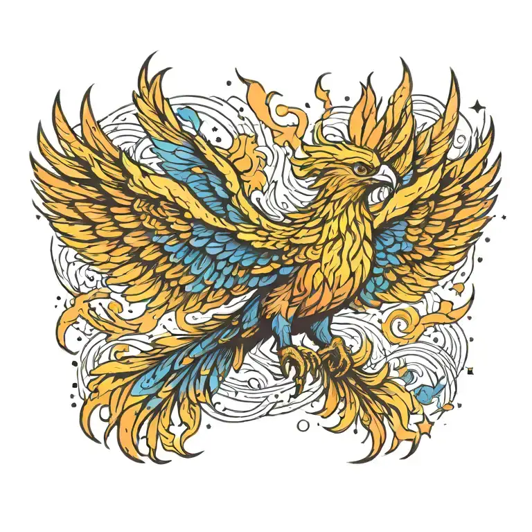baby majestic phoenix rising from ashes into  colorful  hyper realistic galaxy, space of stars on fire davinci Machinery tattoo design idea