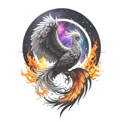 cosmic majestic phoenix rising from ashes into  colorful  hyper realistic galaxy, space of stars on fire tattoo design idea