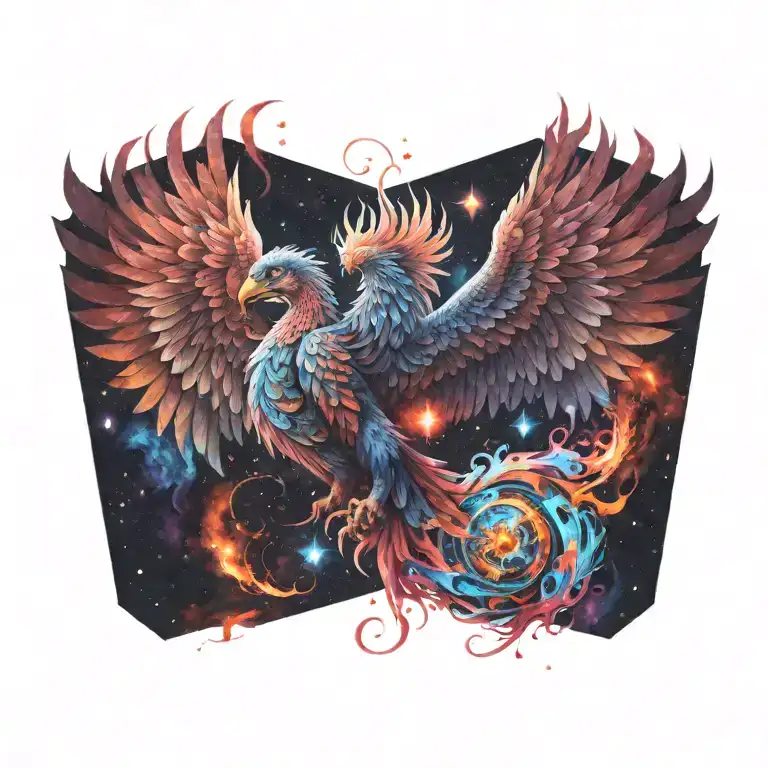 cosmic colorful majestic phoenix rising from ashes into  colorful  hyper realistic space galaxy, gears, stars tattoo design idea