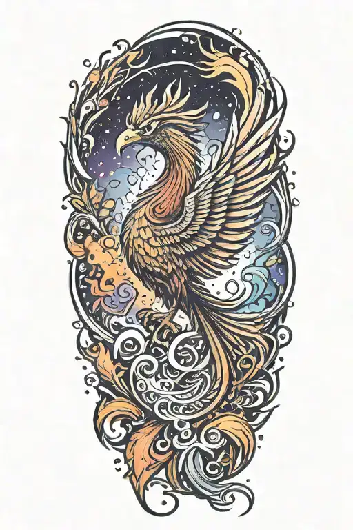 cosmic colorful majestic phoenix rising from ashes into  colorful  hyper realistic galaxy, engineered  tattoo design idea