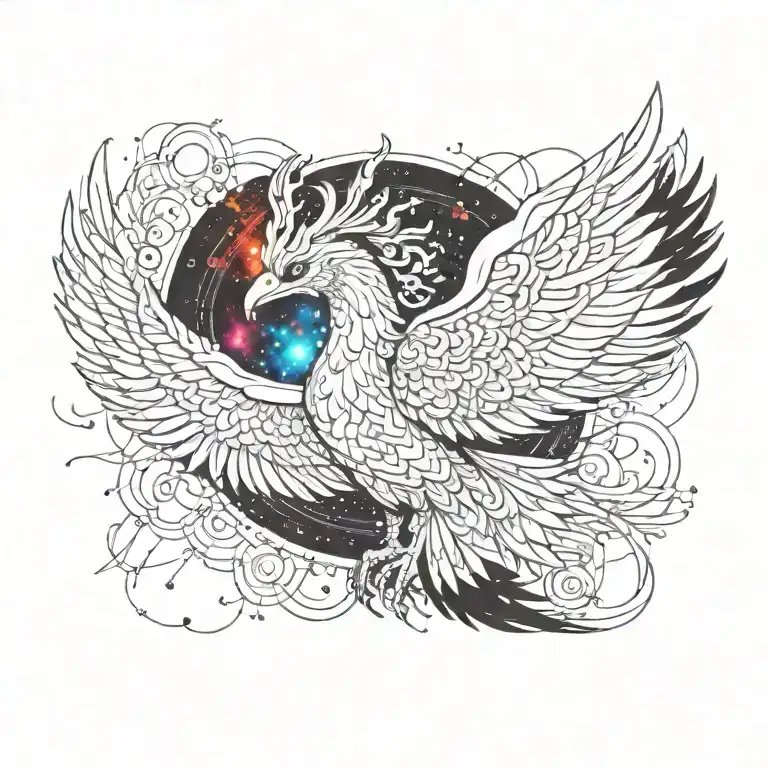 cosmic colorful majestic phoenix rising from ashes into  colorful  hyper realistic space galaxy, gears, stars tattoo design idea