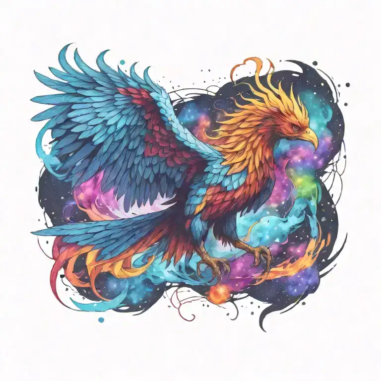 cosmic colorful majestic phoenix rising from ashes into  colorful  hyper realistic galaxy, engineered  tattoo design idea