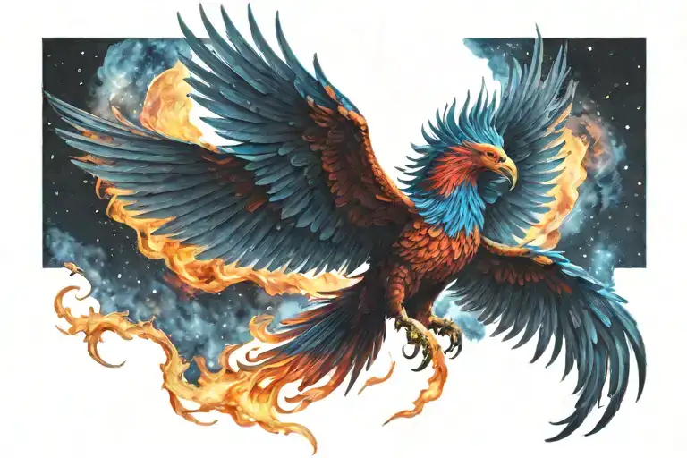 colorful phoenix rising into the milky way  tattoo design idea