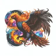 cosmic colorful majestic phoenix rising from ashes into  colorful  hyper realistic galaxy, engineered  tattoo design idea