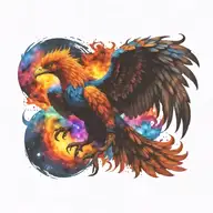 cosmic colorful majestic phoenix rising from ashes into  colorful  hyper realistic galaxy, engineered  tattoo design idea